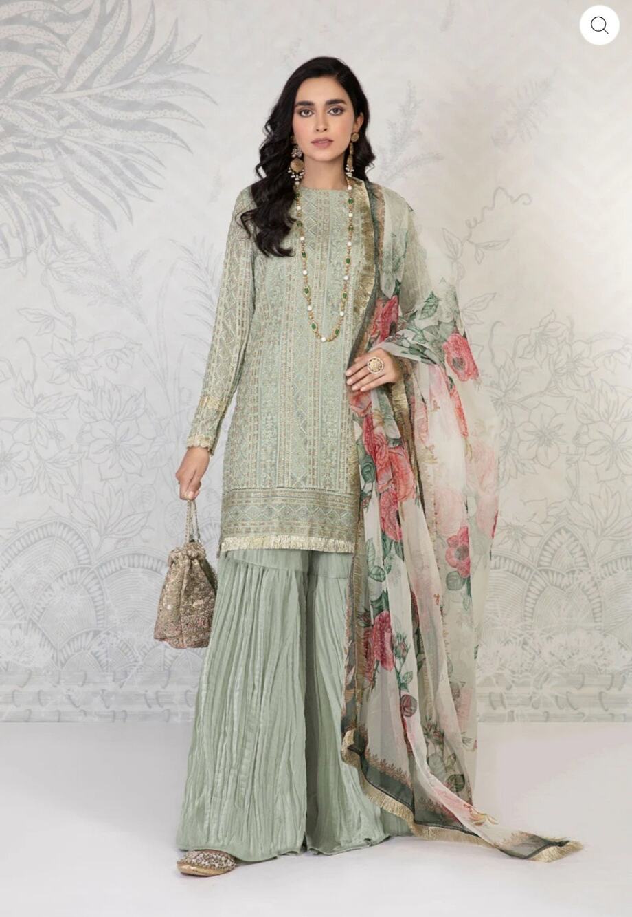 Maria B Pret Kameez Gharara Dupatta Large Size Pale Green & Gold New With Tag